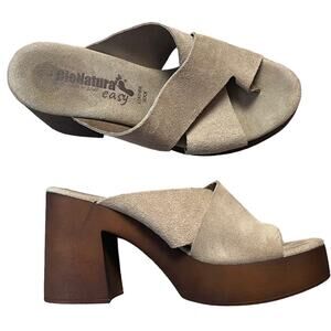 Chunky Platform Heel Suede Sandals Women’s 9 Toe Loop Beige BioNatura Easy